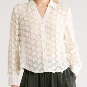 Adrianna Papell 3d Floral Applique Long Sleeve Sheer Button Up Blouse size M